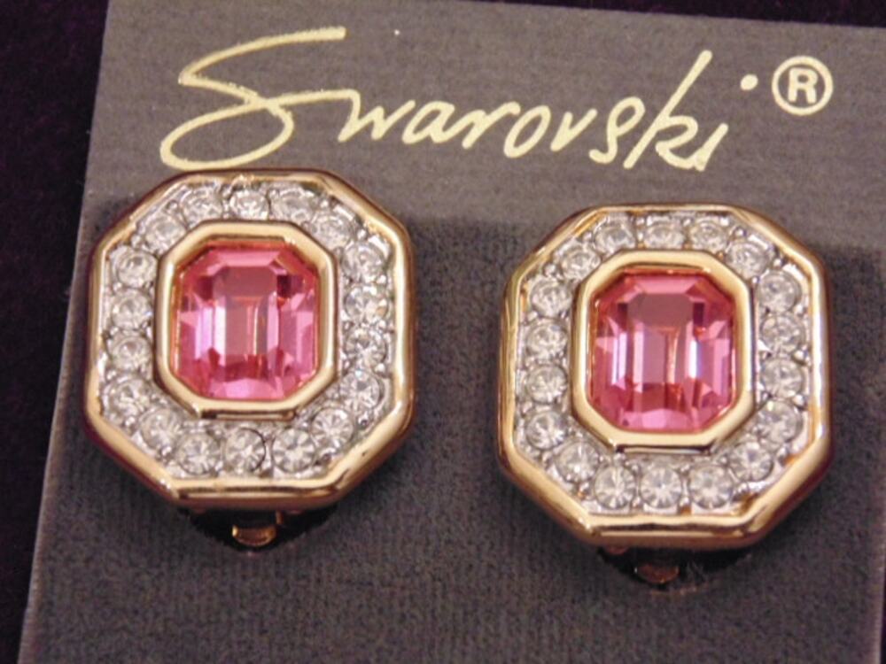 NOS Vtg 80s Swarovski Crystal Pink Clear Pave Gold Plated Clip Earrings SAL